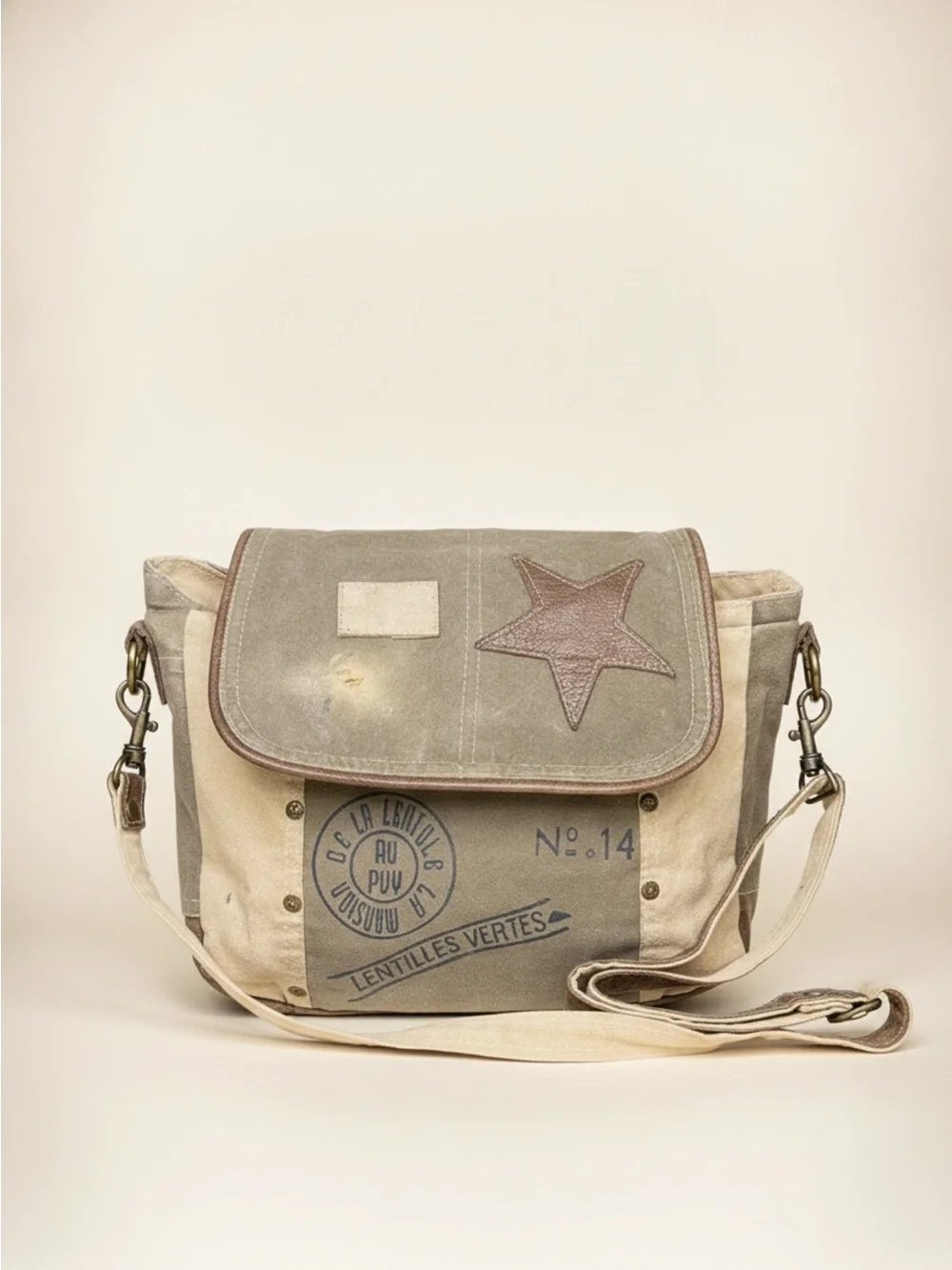 Myra brand- Canvas Messenger Bag with Star Accent - Beige & Olive